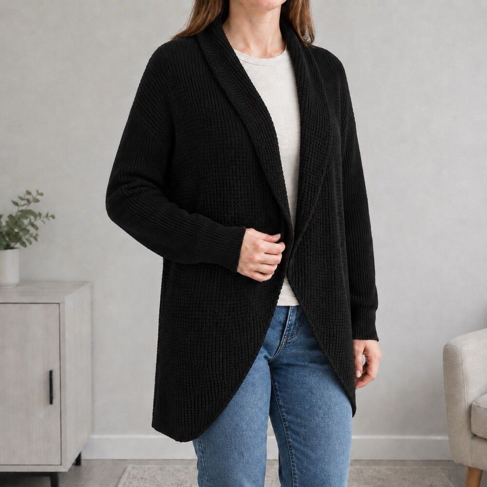 Splendid Thermal Flight Cardigan Women’s M Black Waffle Knit Hooded Open Front